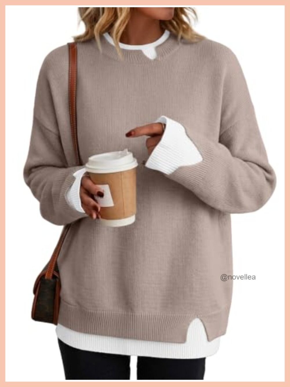 Oversized Patchwork Sweater Crew Neck Long Sleeve Slit Cuff Pullover
